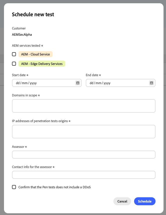 Dialog for scheduling a new penetration test