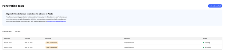 Table of scheduled and ongoing penetration tests