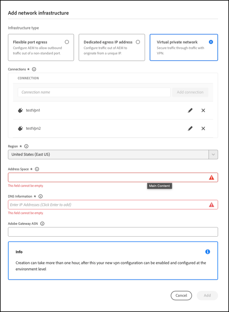 Add network infrastructure dialog box