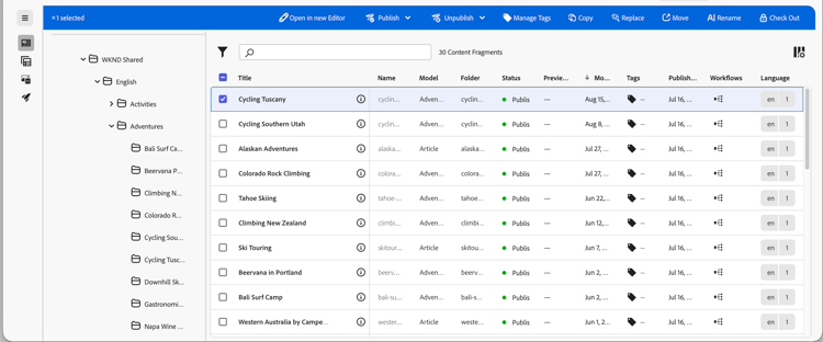 Content Fragments console - toolbar for a selected fragment