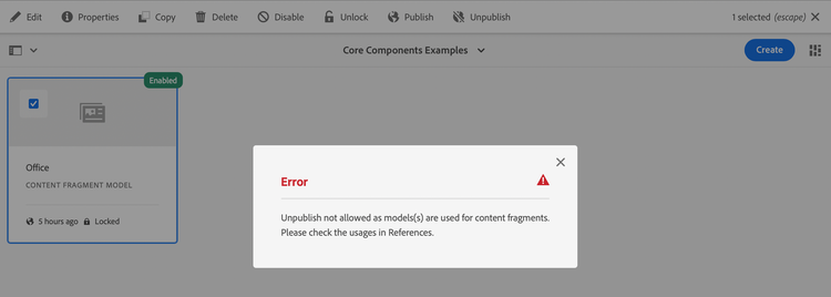 Content Fragment Model error message when unpublishing a model that is in use