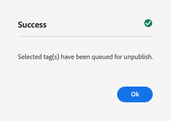 Publish tag success dialog