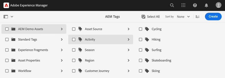 The tagging console in AEM