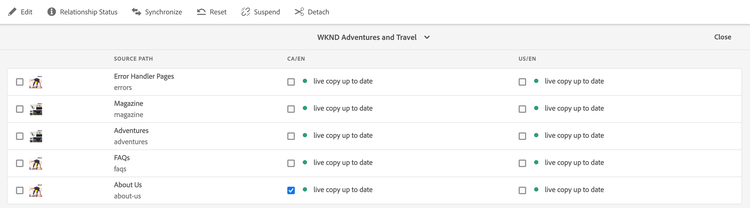 Live Copy Overview actions for a Live Copy