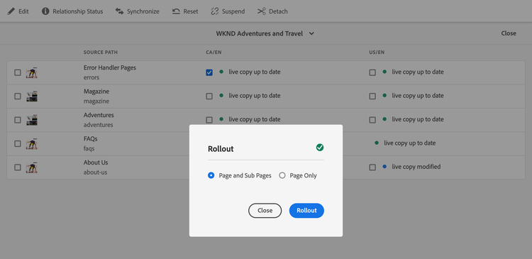 Rollout pages with or without subpages