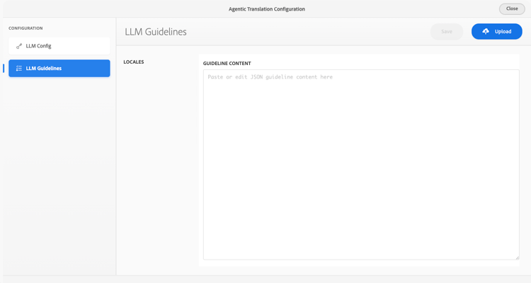 LLM Guidelines tab showing locale list and generated translation rules for a selected language.