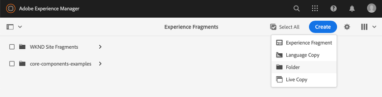 Creating a folder for Experience Fragments