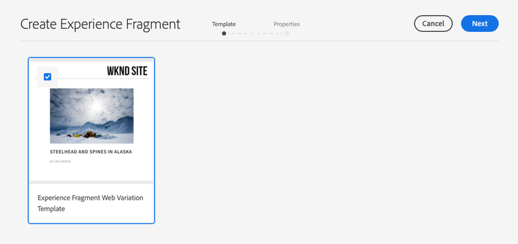 Selecting an Experience Fragment template