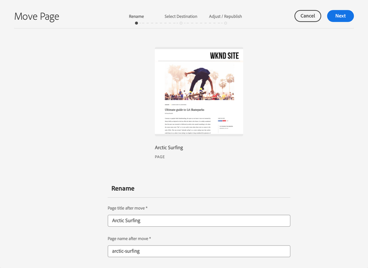 Move page wizard
