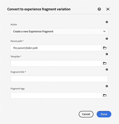 Convert to Experience Fragment Variation dialog