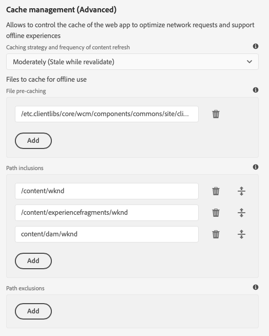 Define PWA offline paths