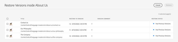 Restore Version - List of all pages in folder