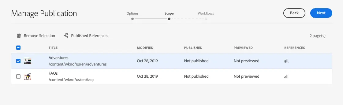 Manage Publication selecting pages