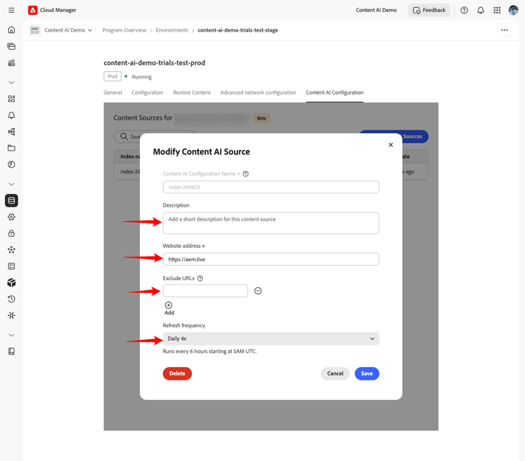 Modify Content AI Source dialog with the editable fields highlighted and a Delete button in the lower-left