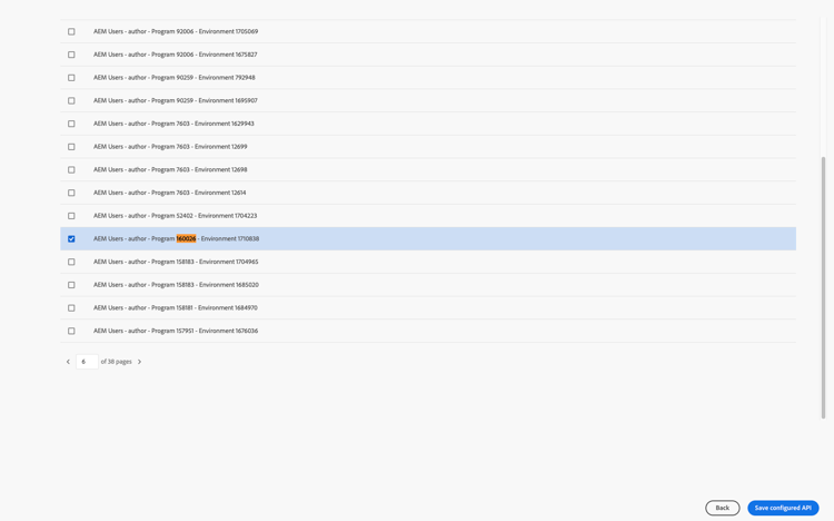 Product Profile picker showing the AEM User publish and author profiles for the target program and environment