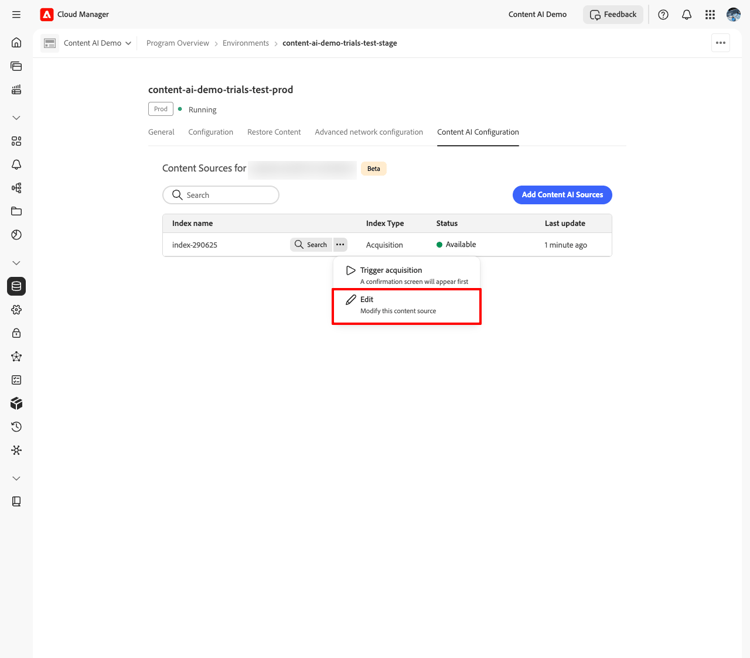 Content Sources list with the more actions menu open and Edit highlighted