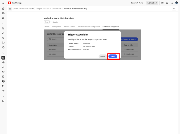 Trigger Acquisition confirmation dialog