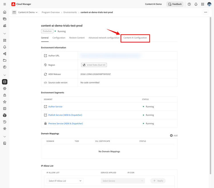 Environment detail page with the Content AI Configuration tab highlighted