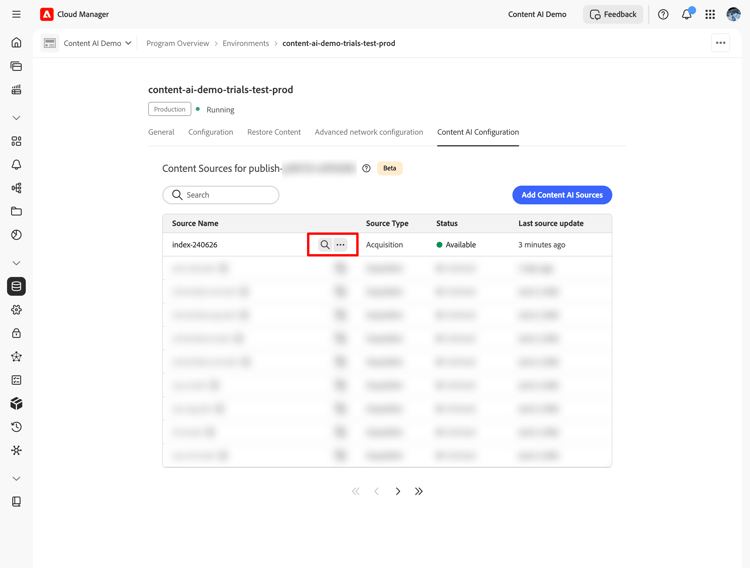 Content Sources list with the search icon highlighted on an available source