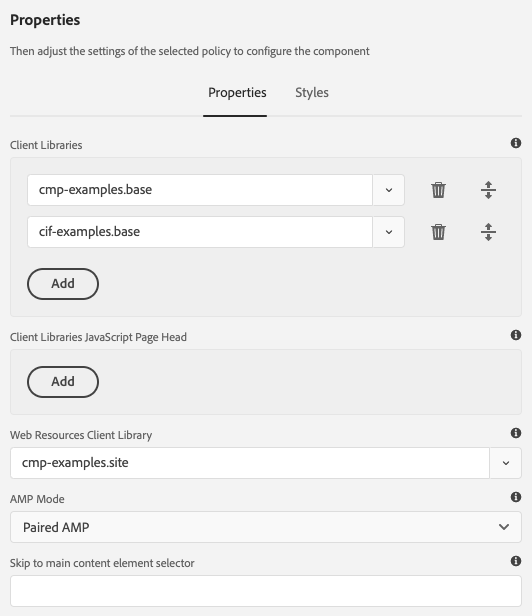 AMP Page Policy options