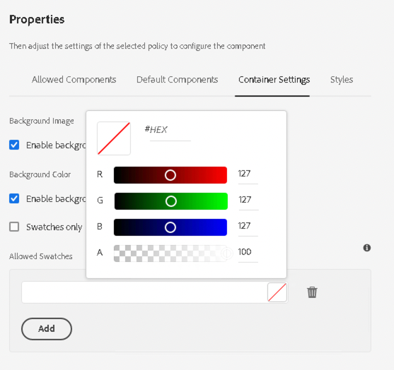 Container Settings tab of the design dialog of the Email Container Component