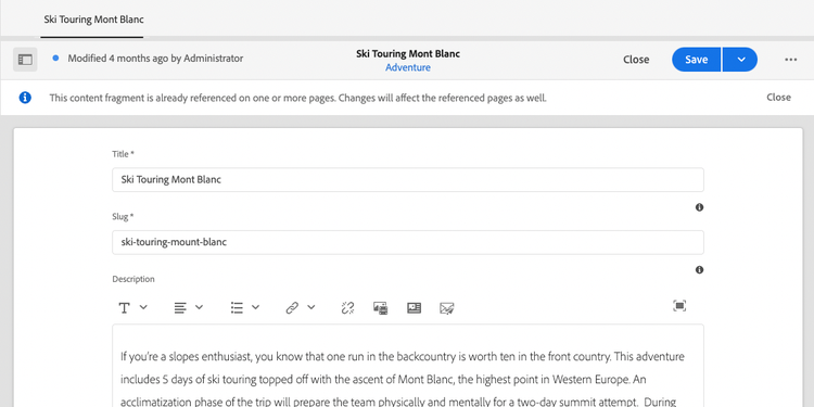 Content fragment editor for email