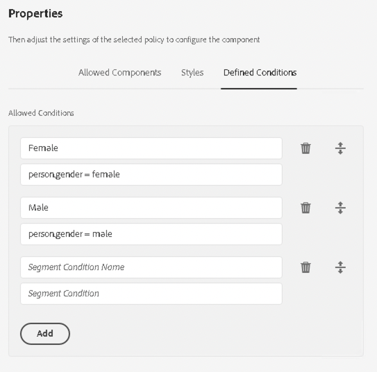 Design dialog Defined Conditions tab