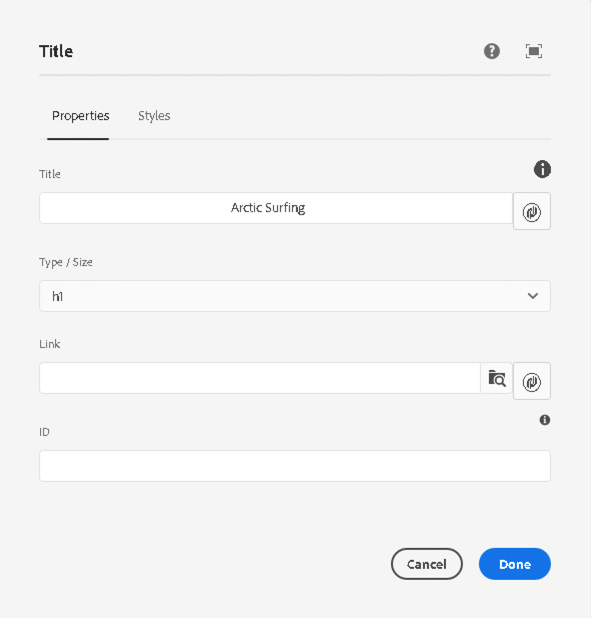 Email Title Component's edit dialog