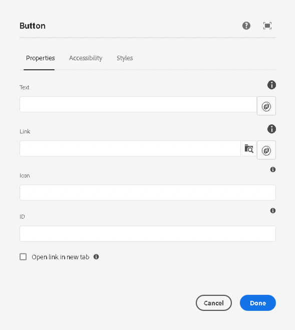 Properties tab of the edit dialog of Button Component