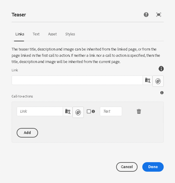 Email Teaser Component's edit dialog links tab