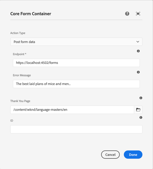 Post Form Data options in Form Container Component's edit dialog