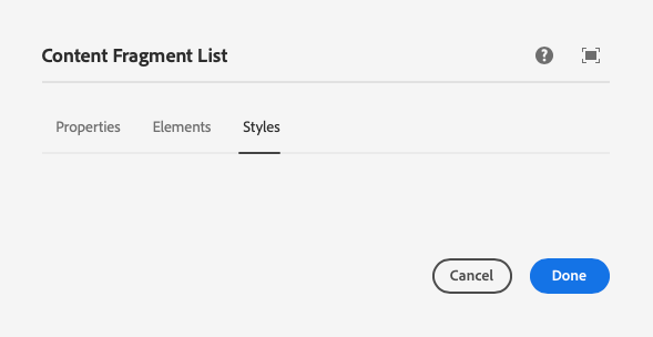 Styles tab of the edit dialog of Content Fragment List Component