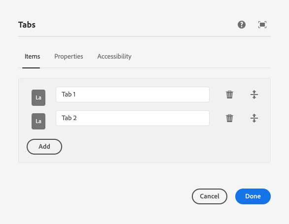 Tabs Component's edit dialog items tab