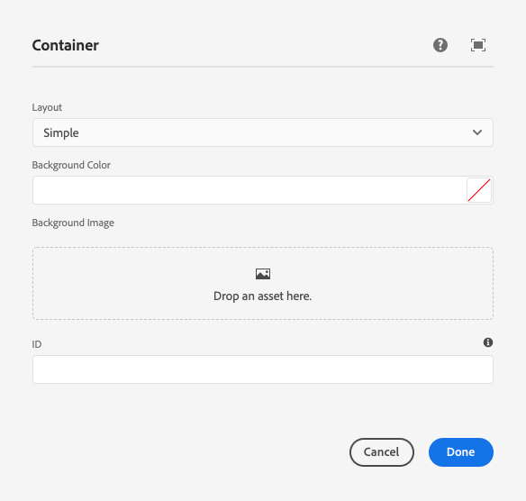 Edit dialog of Container Component