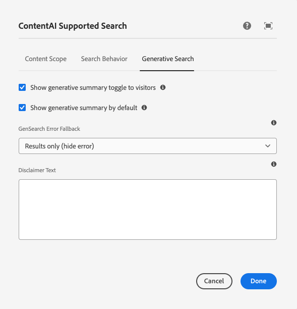 Generative Search tab of the edit dialog