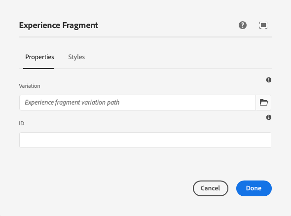 Experience Fragment Component's edit dialog