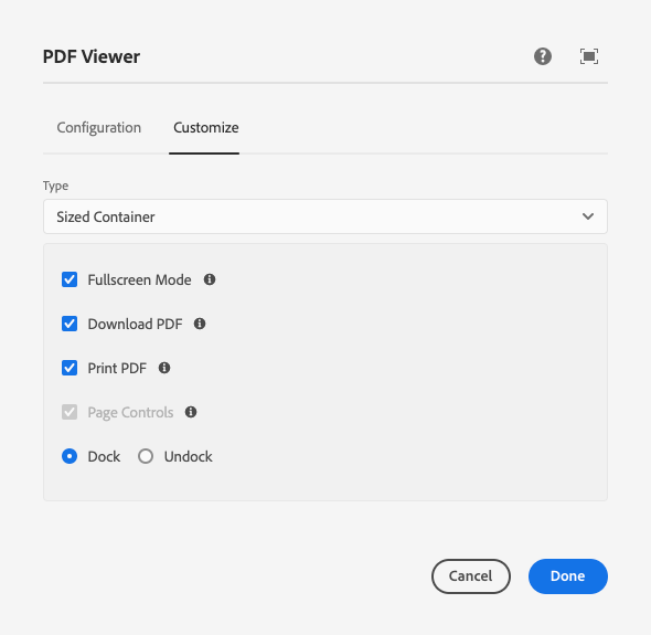 Customize tab sized container option of the edit dialog of PDF Viewer Component