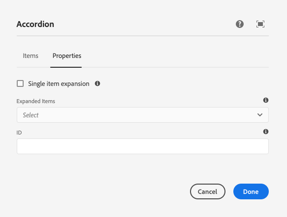 Properties tab of the edit dialog of the Accordion Component