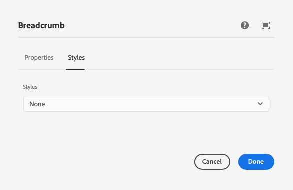 Styles tab of the edit dialog of Breadcrumb List Component