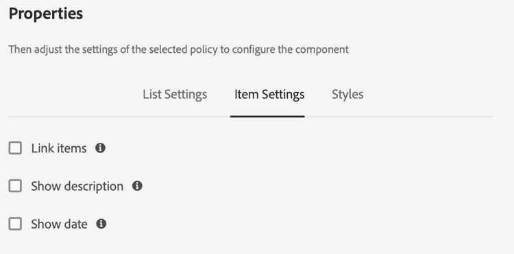 List Component's design dialog item settings