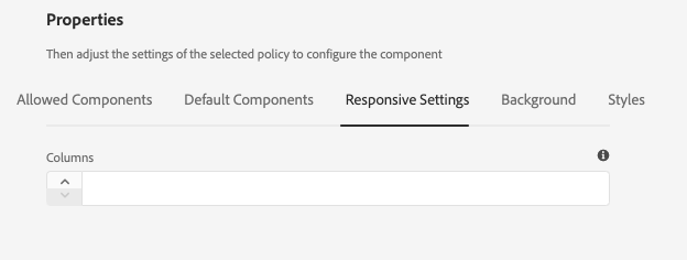 Responsive settings tab of the design dialog of the Container Component