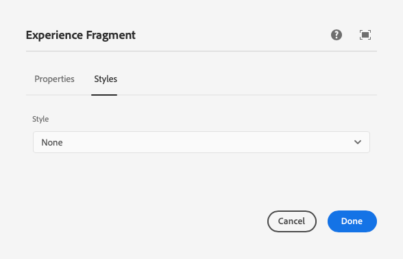 Styles tab of the edit dialog of Experience Fragment Component