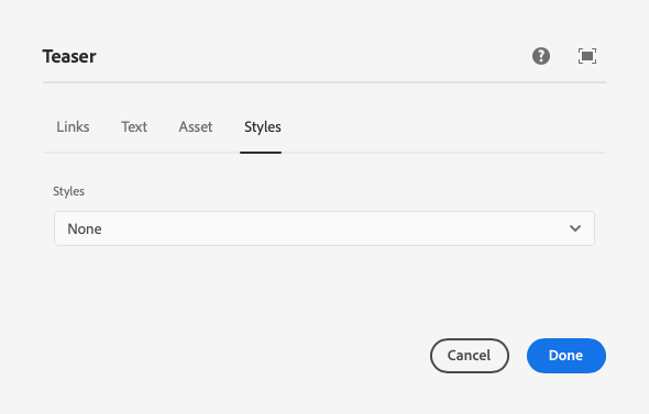 Styles tab of the edit dialog of Teaser List Component