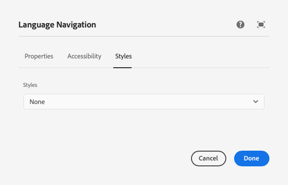 Styles tab of the edit dialog of Language Navigation Component