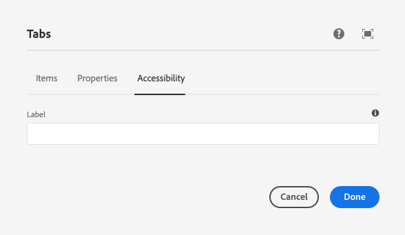 Tabs Component's edit dialog accessibility tab