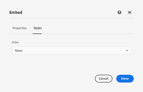 Styles tab of the edit dialog of Embed Component