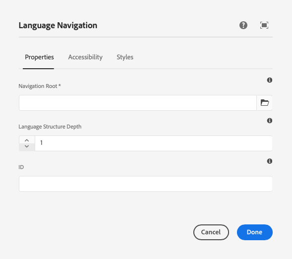 Language Navigation Component's edit dialog
