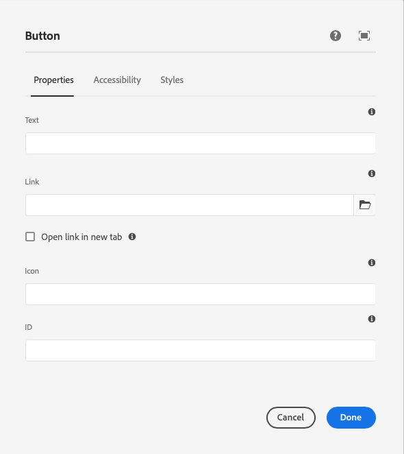 Properties tab of the edit dialog of Button Component