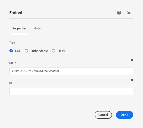 Embed Component's edit dialog for URL