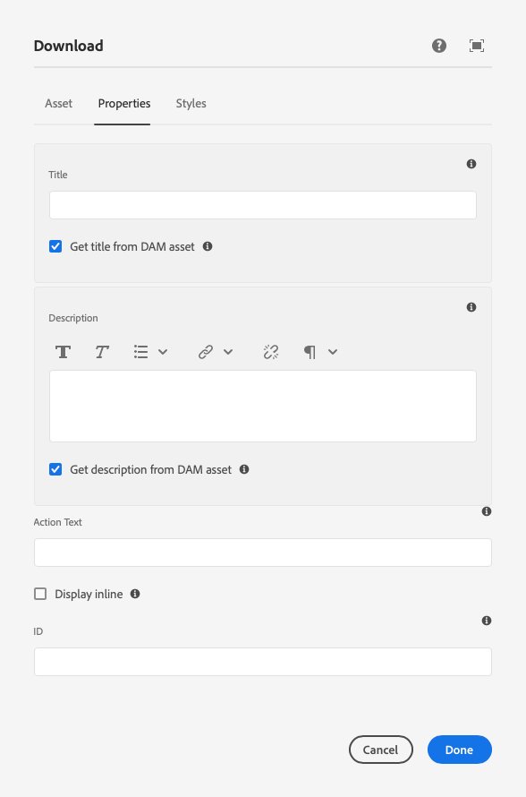 Properties tab of the Download Component's edit dialog